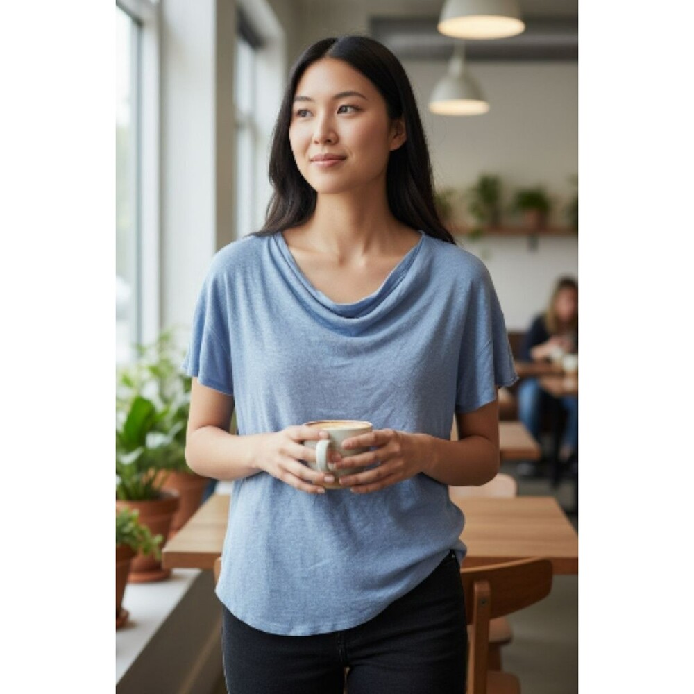 Free People FP Light Blue Cowl Neck Top Blouse, Linen & Cotton, Size Small